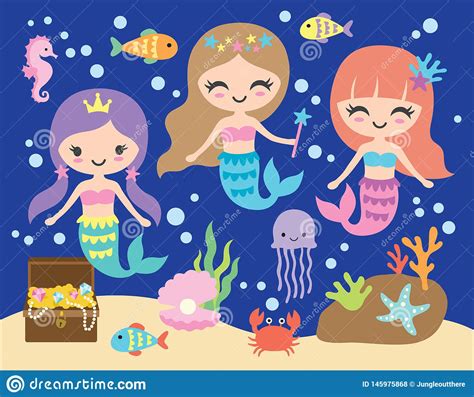 Cute Little Mermaid Under The Sea Vector Illustration Stock Vector