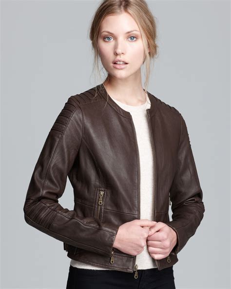 Lyst Dkny Leather Jacket Collarless Shoulder Seaming In Natural