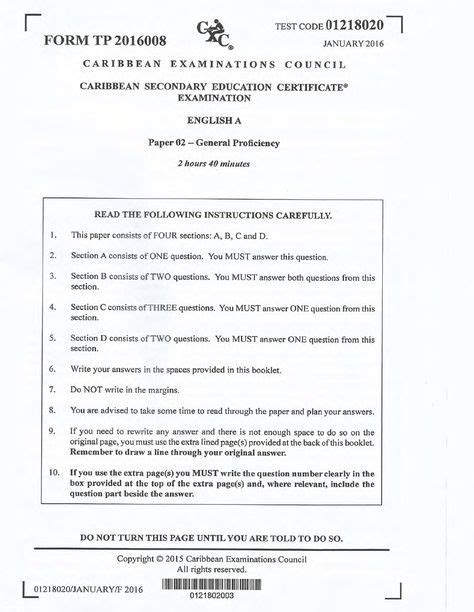 Cxc Csec English A 2016 January Past Papers Practice Tests