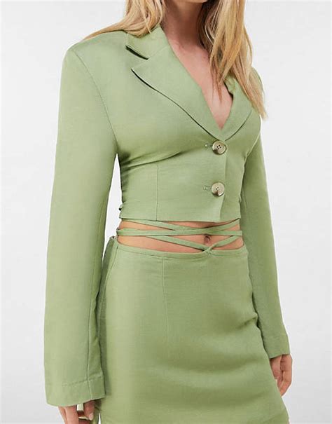 Bershka Cropped Blazer And Tailored Skirt Co Ord In Green Asos