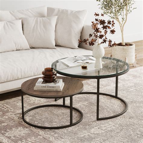 Stella Round Nesting Coffee Table Set Of 2 Glass Wood Finish And Metal