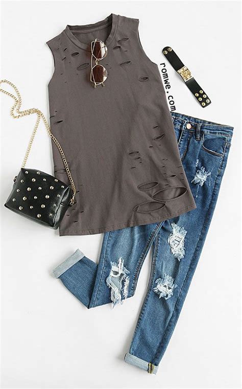 Dark Grey Distressed Tank Top Tops Clothes Online Fashion Stores