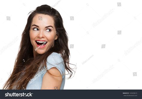 Happy Surprised Woman Looking Over Her Stock Photo 145459615 Shutterstock