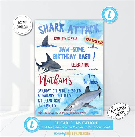 Shark Birthday Invitation Boy Shark Invite Printable Boys Etsy