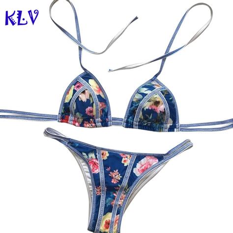 Klv Sexy Swimwear Bikinis Set Women Flower Print Bandage Print Tankini