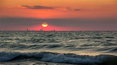 Lake Michigan Chicago Skyline Sunset 1920x1080 Download Hd