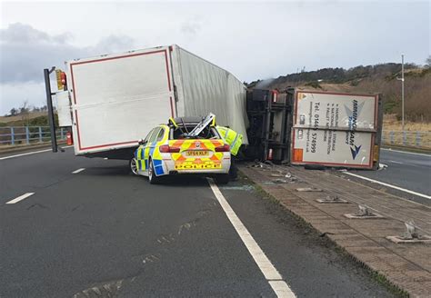 Moment Police Car Is Crushed By Lorry On A1 In East Lothian After