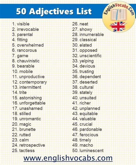 50 Common English Adjectives List In 2021 List Of Adjectives English