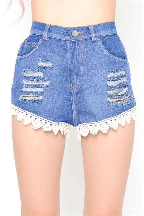 Lace Trim High Waisted Denim Shorts Womens High Street Fashion And Accessories Minty Jungle