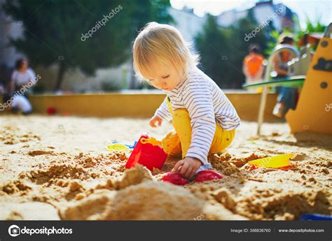 Adorable Little Girl Playground Sandpit Toddler Playing Sand Molds