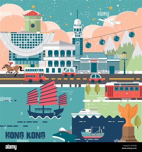 Adorable Hong Kong Travel Concept Poster In Flat Design Stock Vector