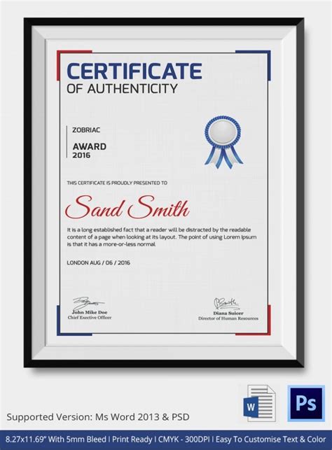 Certificate Of Authenticity Template 27 Free Word Pdf Psd Format