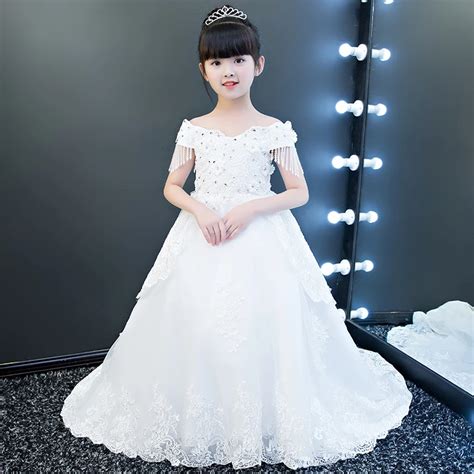 Glizt Long Trailing Flower Girl Dresses Beaded Appliques Lace Ball Gown