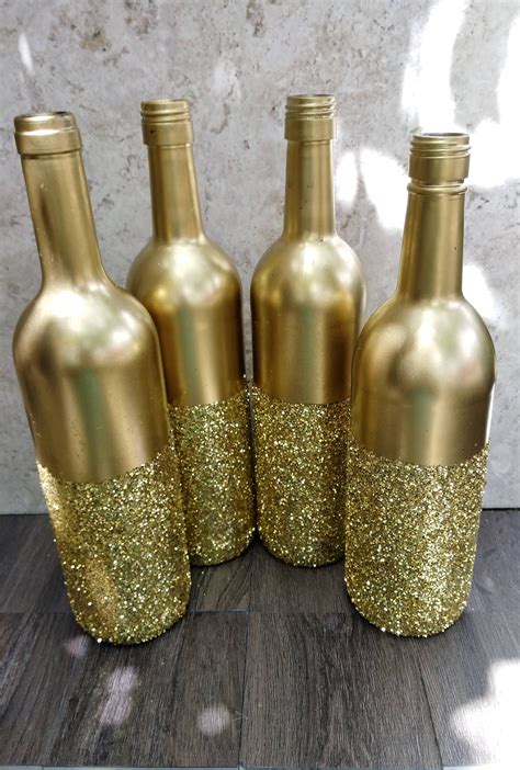Gold Glitter Wine Bottle Set Of 2 Gold Centerpiece Gold Glitter
