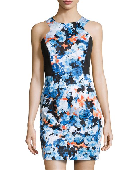 Donna Morgan Floral Printsolid Zip Back Dress In Blue Bl Sn Ks M Lyst