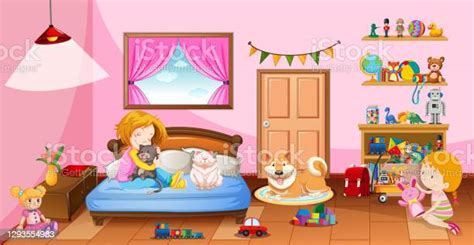 Cute Girls Playing With Their Toys In The Pink Bedroom Scene Stock