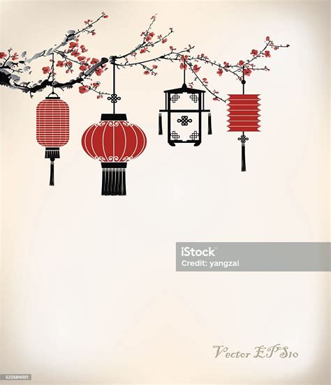 Chinese Lantern Hang On Cherry Tree Stock Illustration Download Image