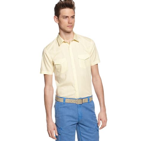 Calvin Klein Short Sleeve Grid Check Shirt In Yellow For Men Pastel