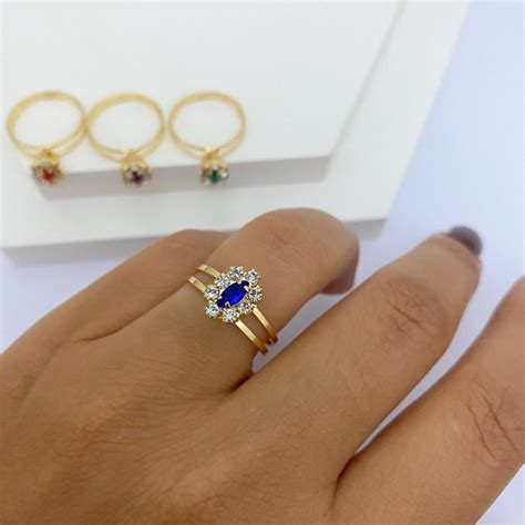 anel de formatura safira azul folheado a ouro 18k