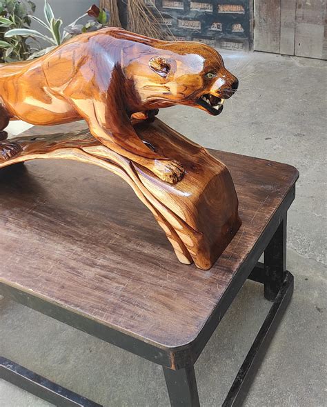 Wood Carving Leopard Teak Wood Large Size Animal Figurine Etsy