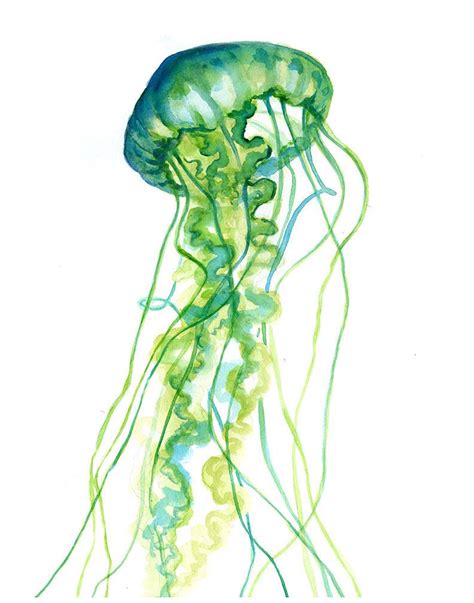 Green Jellyfish Watercolor Print Fun Colorful Art Painting