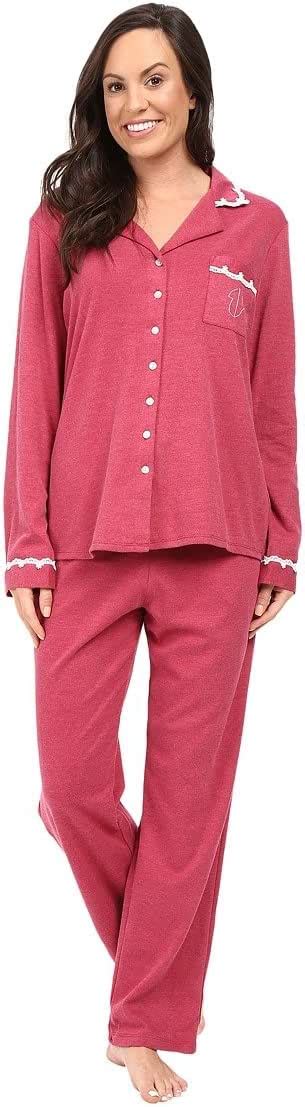 Eileen West Womens Heather Knit Notch Collar Pajama Set Red X Small