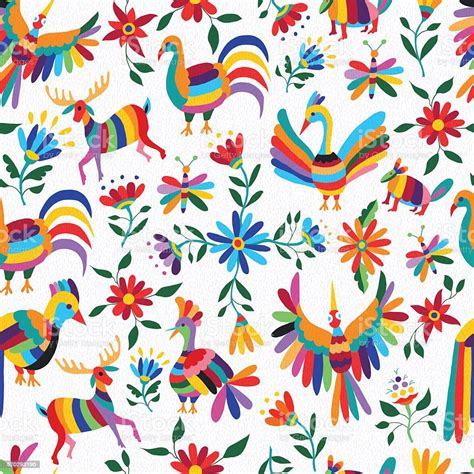 Mexican Art Pattern With Animal And Flowers Stock
