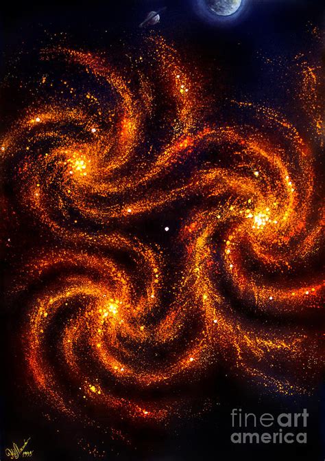 3 Spiral Orange Galaxies Space Universe Painting By
