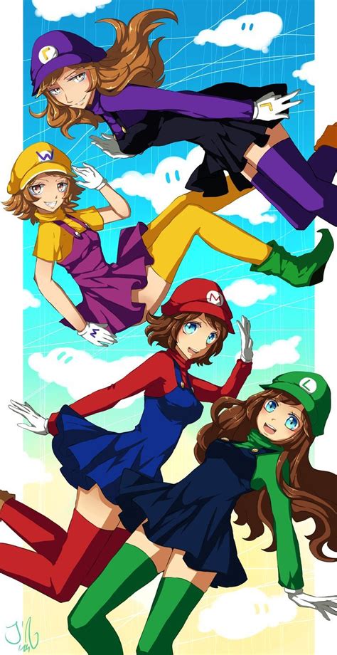 Girls Version Of Mario Luigi Wario And Waluigi Mario Bros Super Mario Super Mario Bros