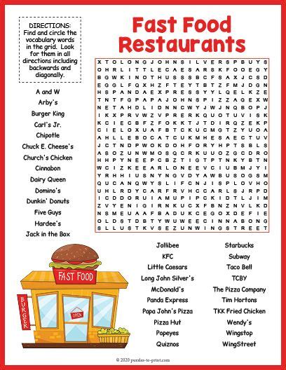 Free Printable Fast Food Restaurants Word Search Learning Websites