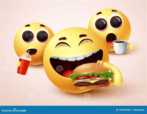 Smiley Emoji Eating Fast Food Burger Vector Character Design Stock