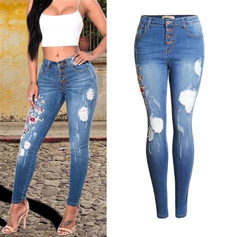 2018 Women Clothing High Waist Tight Elastic Embroidery Hole Washed Denim Pencil Pants Female