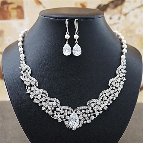 Cubic Zirconia And Pearls Bridal Statement Necklace And Earrings Set