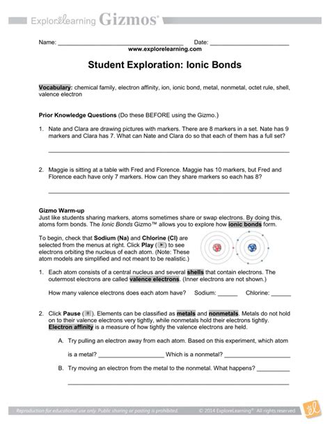 Students come back, and get their safety equipment on. Ionic Bonds Gizmo Answer Key / Student Exploration ...