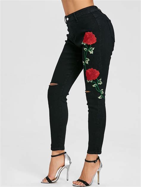 Flower Embroidered Knee Ripped Jeans Skinny Jeans Ripped Knee Jeans
