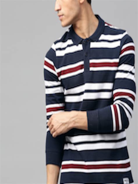 Buy Roadster Men Navy Blue White Striped Polo Collar Pure Cotton T