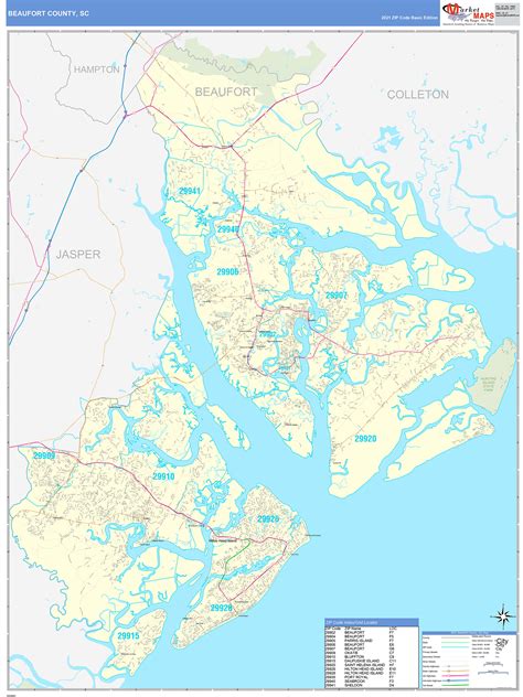 Beaufort County, SC Zip Code Wall Map Basic Style by MarketMAPS - MapSales