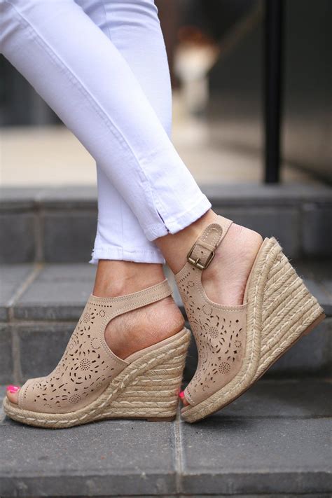 Tan Peep Toe Wedges With Laser Cutout Design And Braided Jute Heel