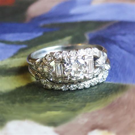 Vintage Art Deco 1930s 81ct Tw Rare Engagement Wedding Ring Band Set Wedding Ring Bands