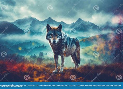 Double Exposure Of Wolf And Scenery Ai Generative Stock Illustration