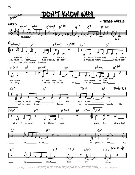 Dont Know Why Sheet Music By Norah Jones Real Book Melody Lyrics And Chords C Instruments