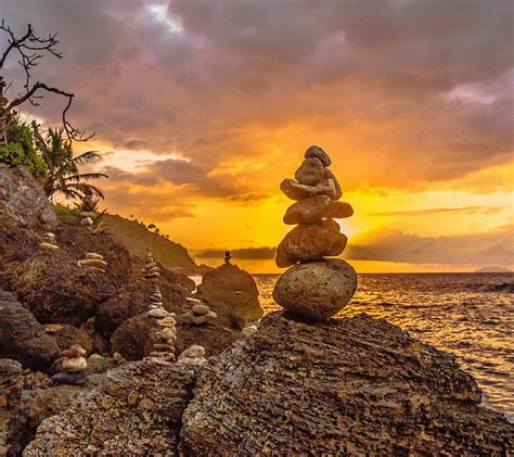 Stacked Stones Cliffs Coast Landscape Ocean Pebbles Rocks Sunset