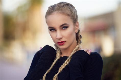 Women Blonde Pink Nails Pigtails Depth Of Field Red Lipstick