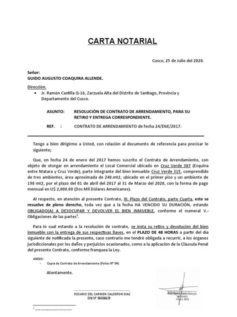 Carta Notarial Resolución De Contrato Rosario Del Carmen Calderon