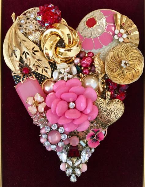 Beautiful Vintage Jewelry Framed Art Handmade Heart Vintage Jewelry