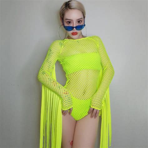 Fluorescent Green Grid Tassel Bodysuit Bar Gogo Ds Dj Costume Female