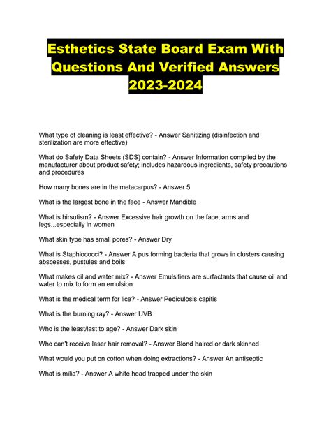 SOLUTION: Esthetics state board exam with questions and verified