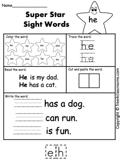 Free Sight Word Worksheet He Free4classrooms