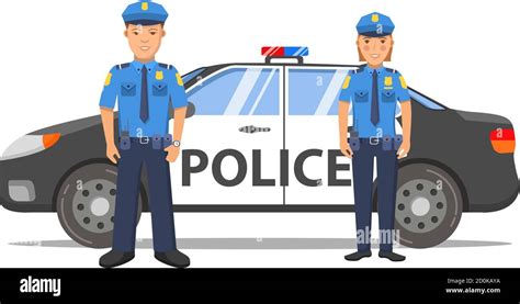 Police Officer Man And Woman Cartoon Characterpolice Car Sedan Side