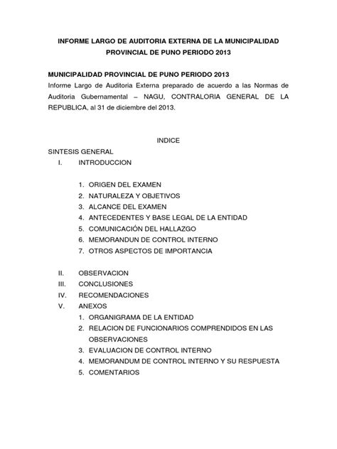 Informe Largo De Auditoria Externa De La Municipalidad Provincial De